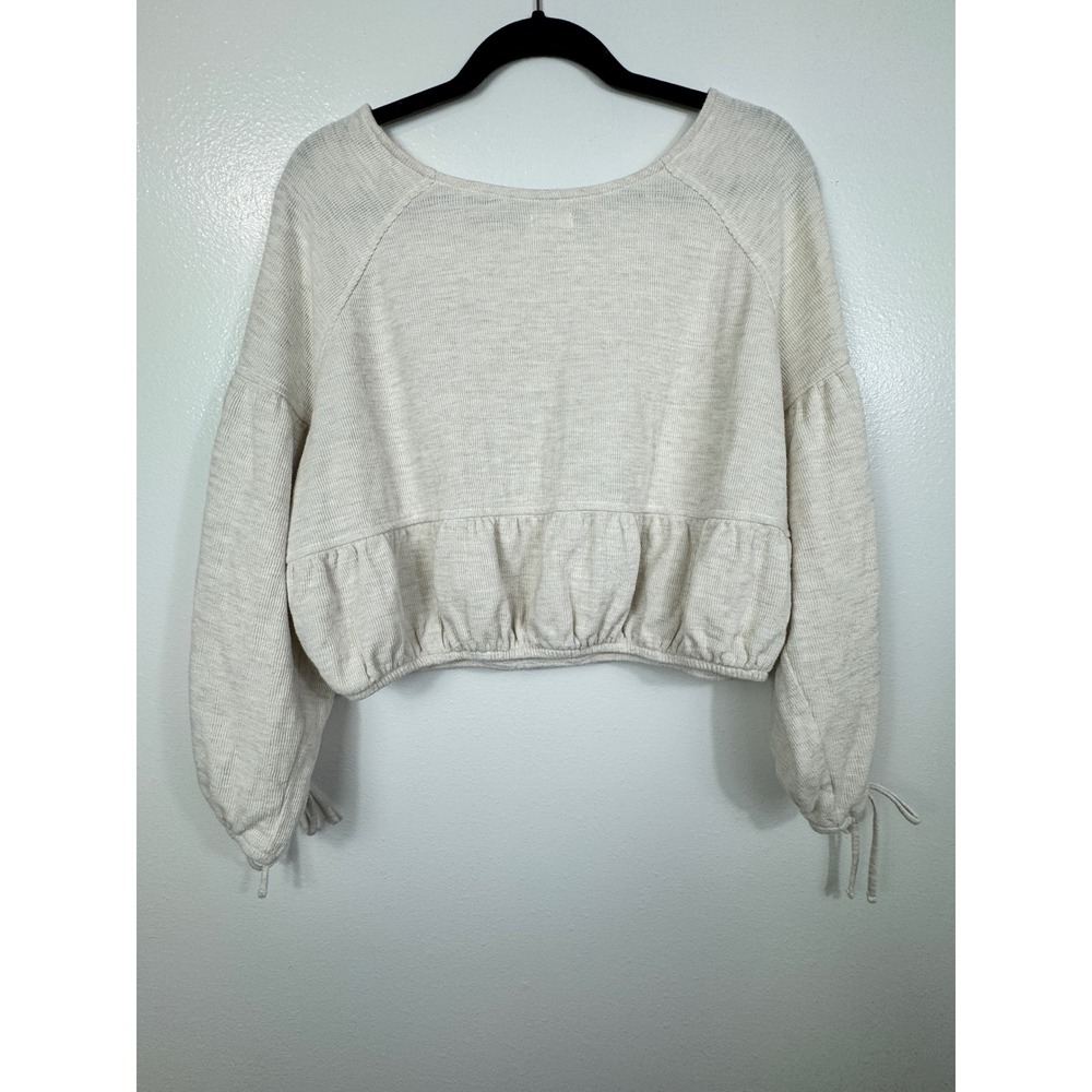 aerie Endless Summer Cream Peplum Cropped Sweatshirt Lantern Sleeve Tie Cuff M - Picture 4 of 11